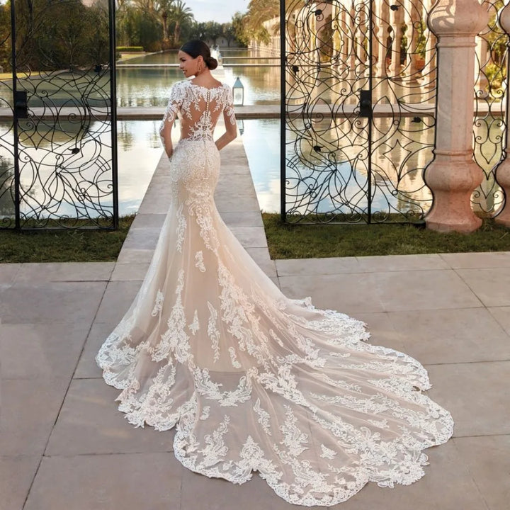 Timeless Appliques Sheer O-neck Bridal Dress