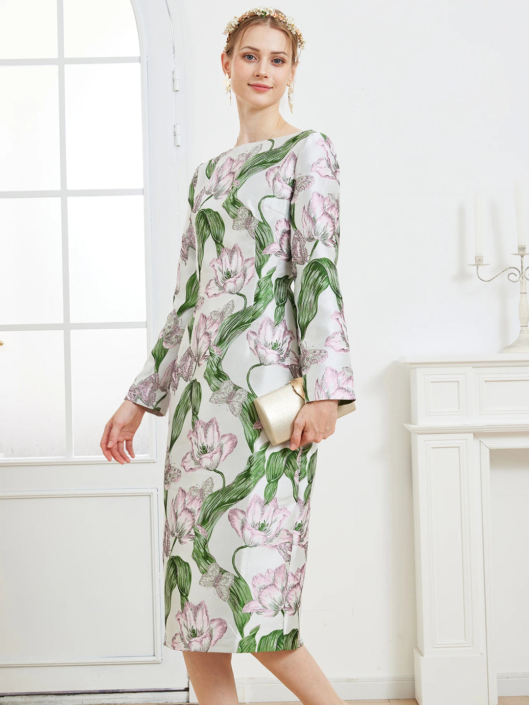 Stunning Floral Jacquard Midi Dress