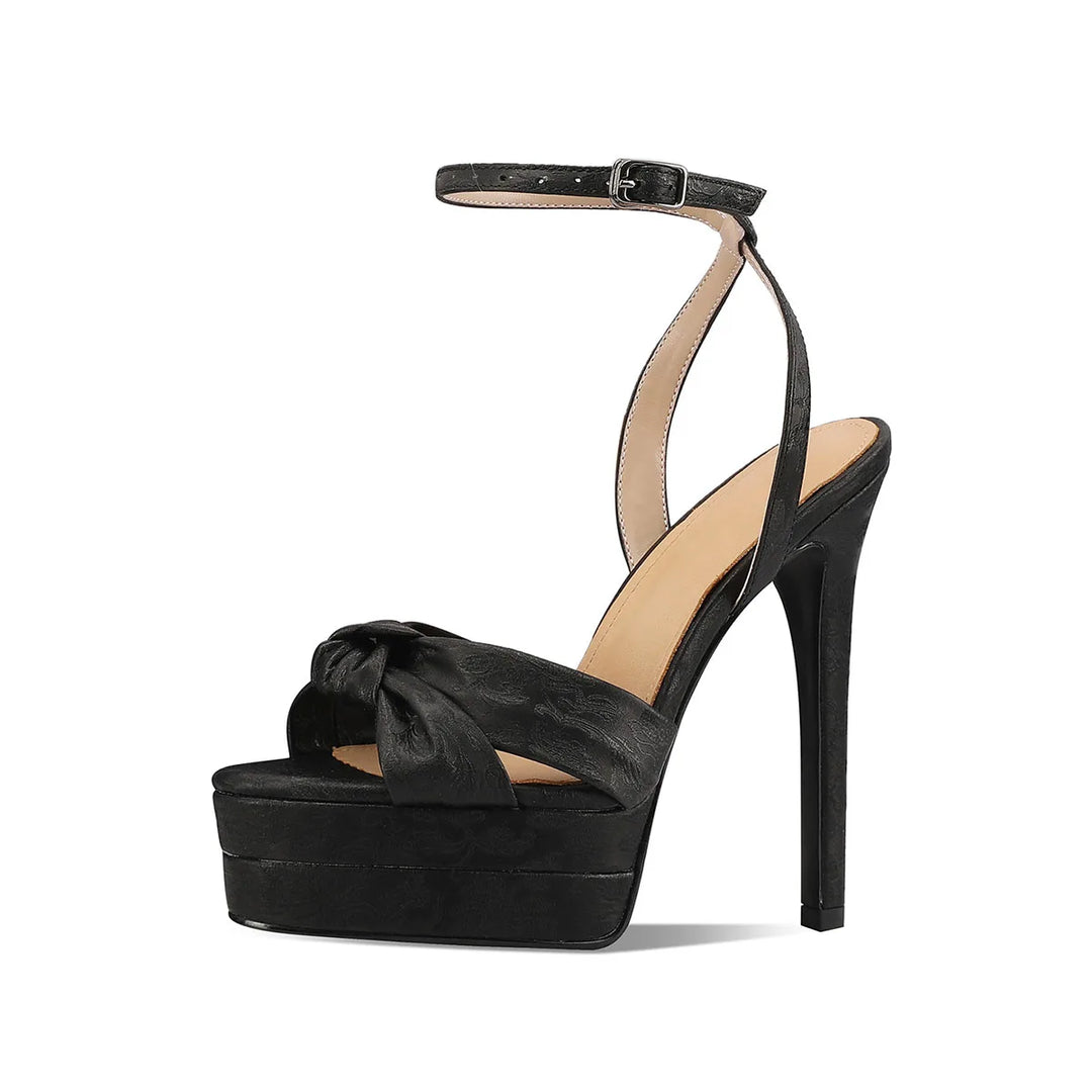 Black leather high-heel platform sandals with ankle strap and open toe