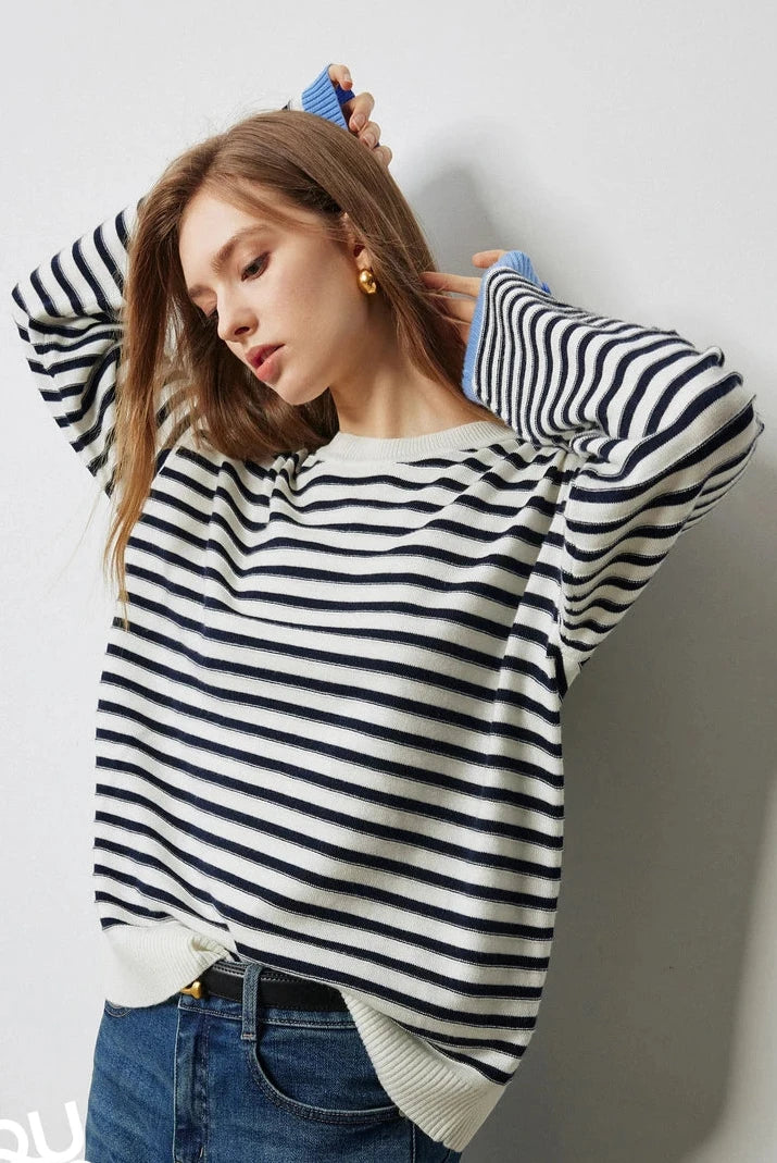 Contrasting Striped Pullover Tops