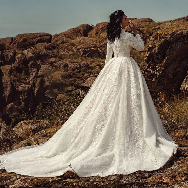 Regal High Neck Lace Detailing Bridal Dress