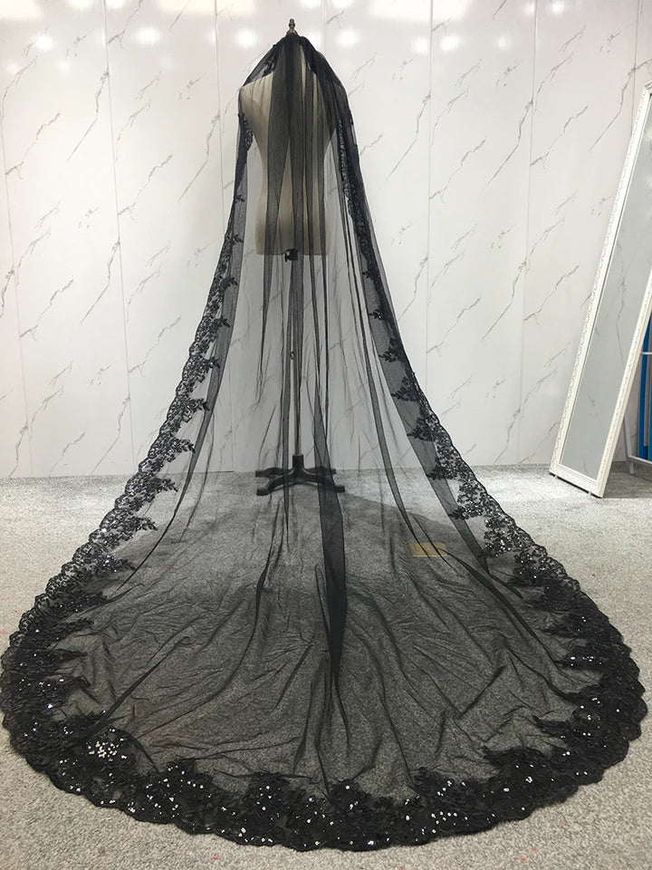 Black cathedral bridal veil with fine sequin lace border and long sheer tulle