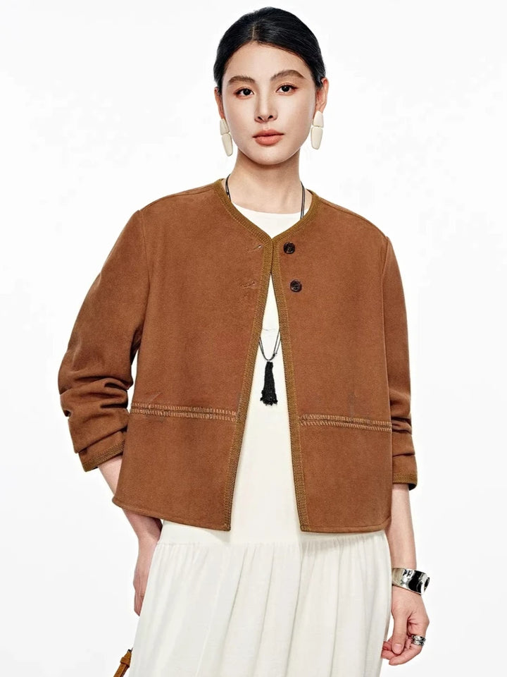 Chocolate brown suede leather jacket with button front and tassel cord detail