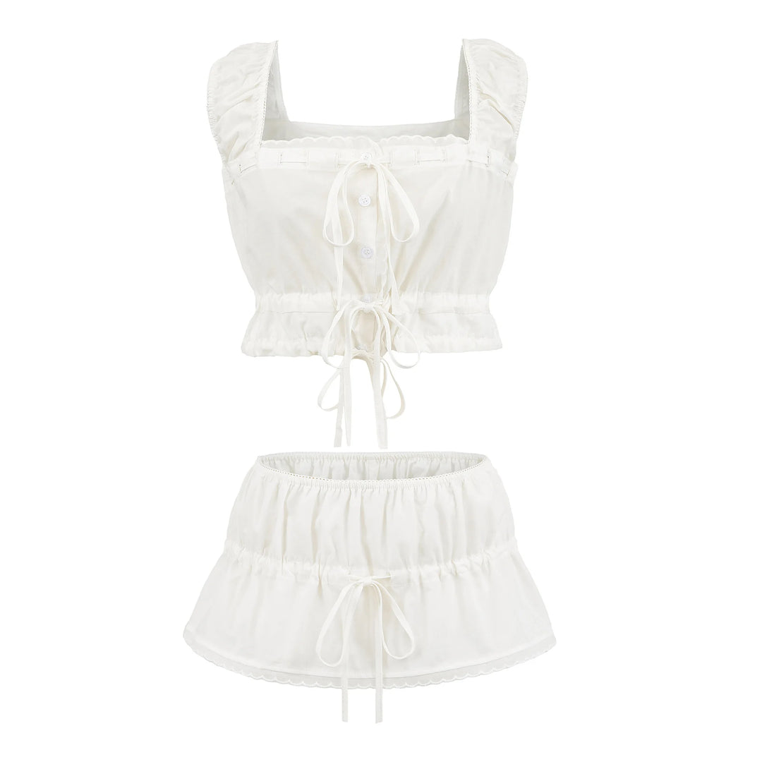 White cropped top and mini skirt set with drawstring bow ties