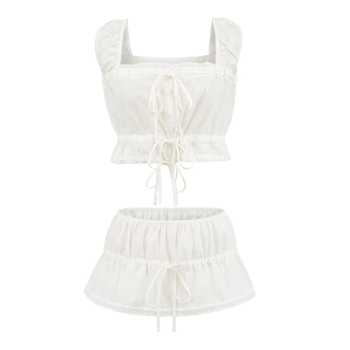 White cropped top and mini skirt set with drawstring bow ties