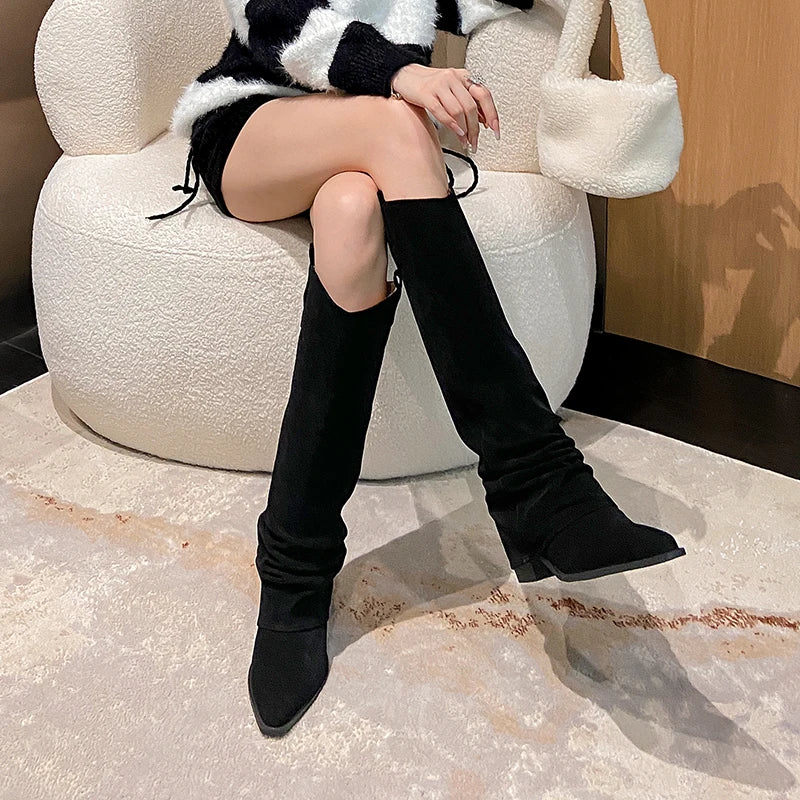 Trendy Pleated Mid-Calf Cow Suede Boots