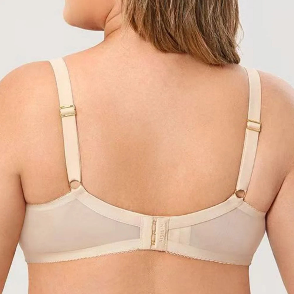 Skin beige plus size bra back view with adjustable straps and hook closure