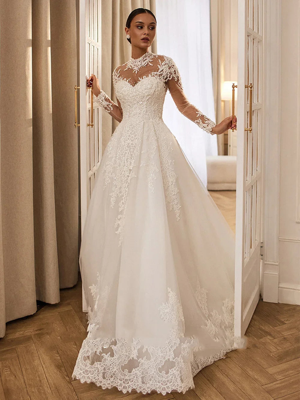 Romantic High Neck Illusion Wedding Dress