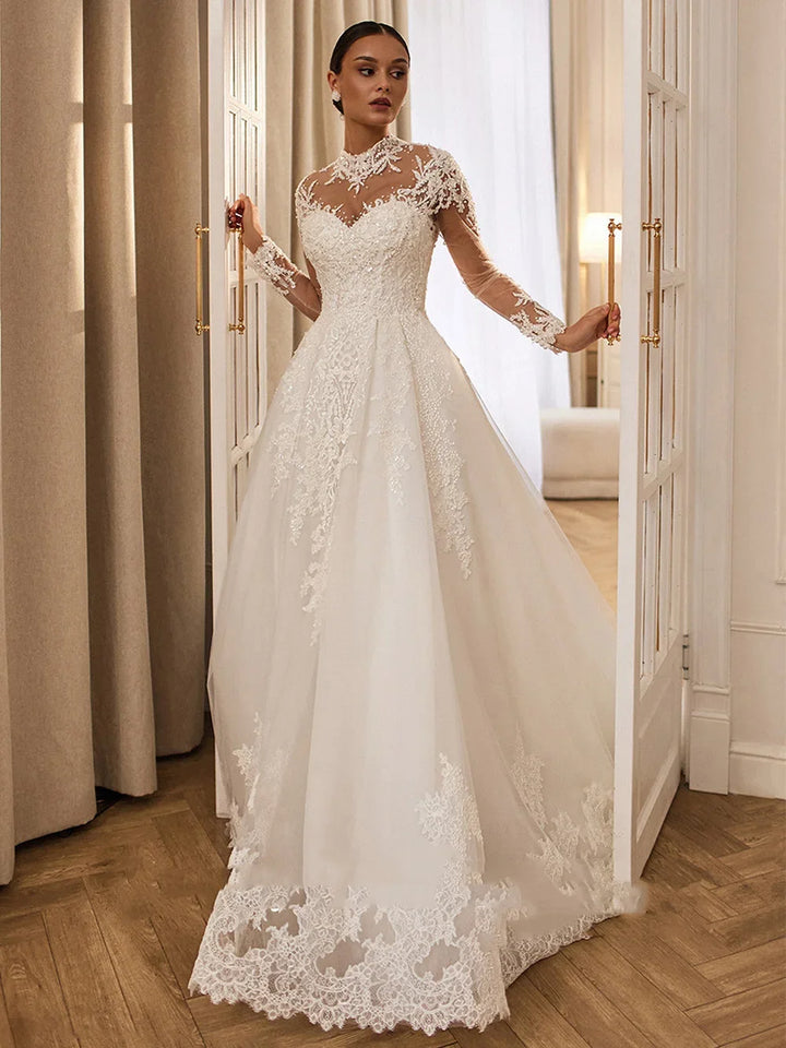 Romantic High Neck Illusion Wedding Dress