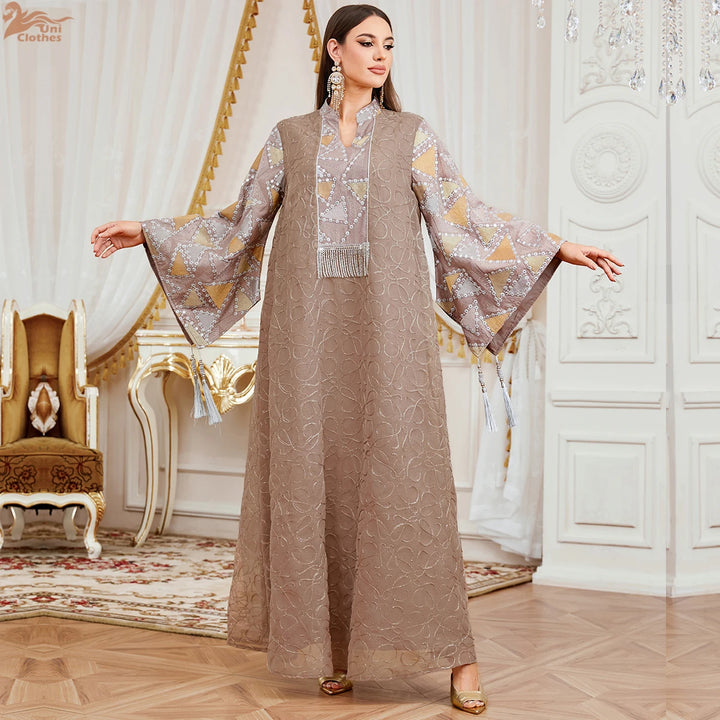 Notched Stand Collar Tassels Abaya Dress