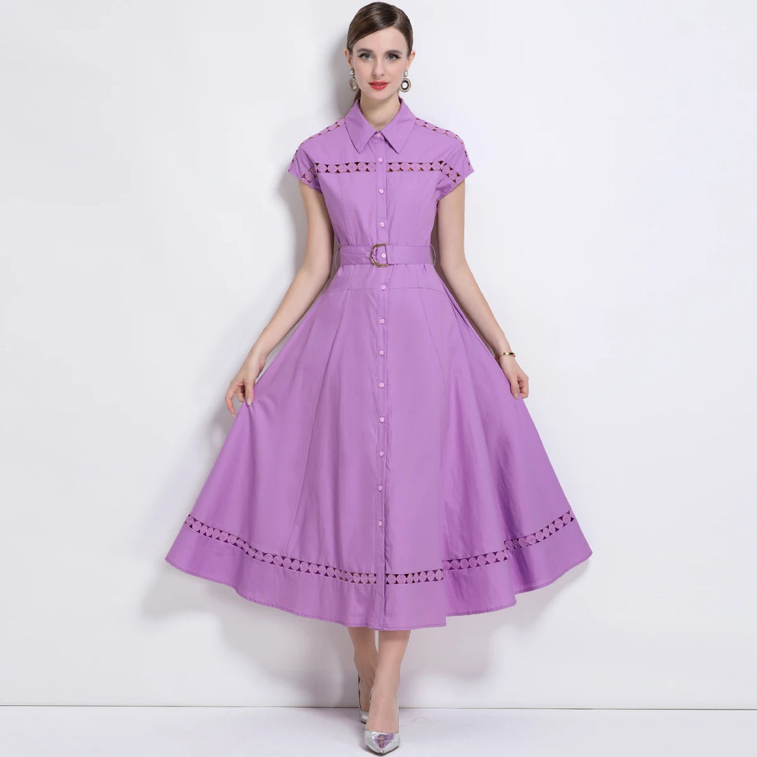 Graceful Lapel Short Sleeve Maxi Dress