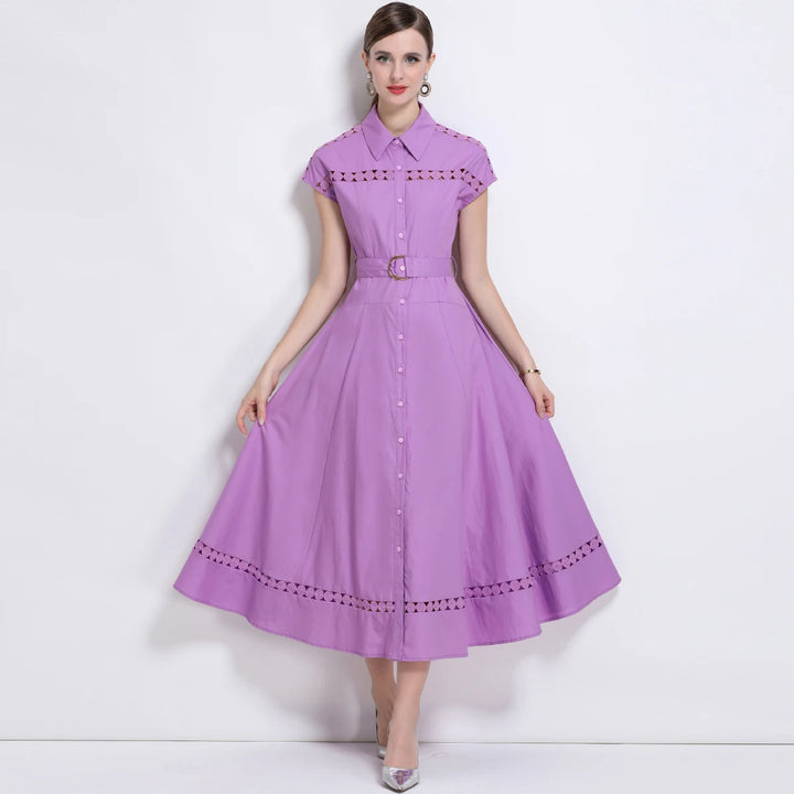 Graceful Lapel Short Sleeve Maxi Dress