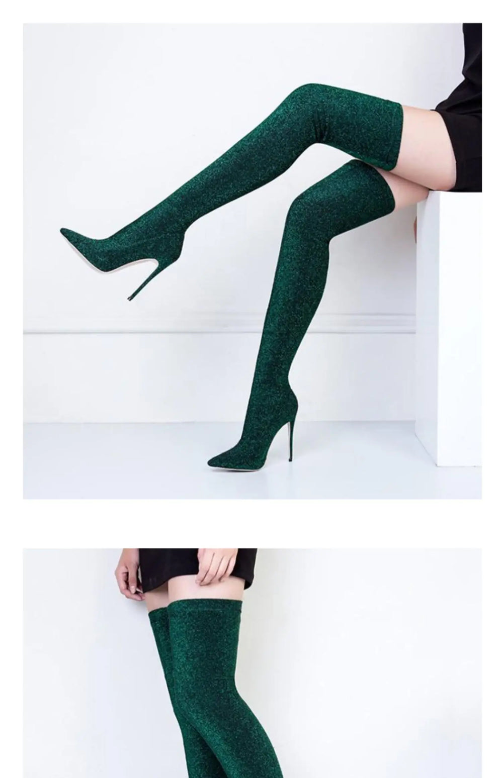 Women’s thigh-high stretch boots, dark green fabric, pointed toe and stiletto heel