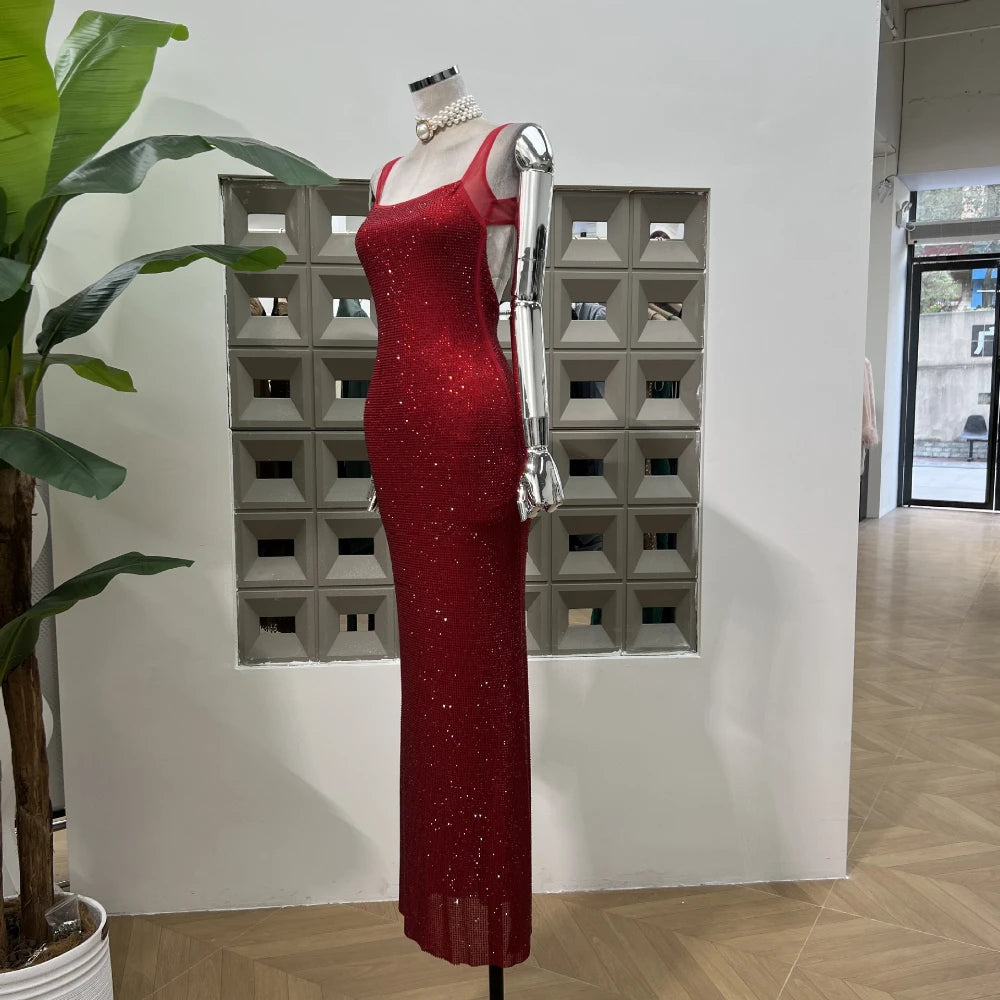 Elegant Full Rhinestones Backless Maxi Dress