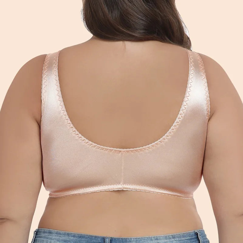 Skin beige satin ultra-thin women's bra, racerback-style straps with scalloped edge trim
