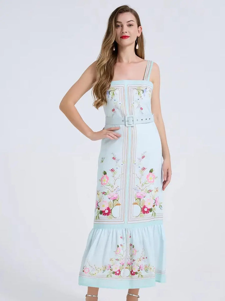Mint blue floral bodycon long dress with belt, square neckline, spaghetti straps, tiered skirt