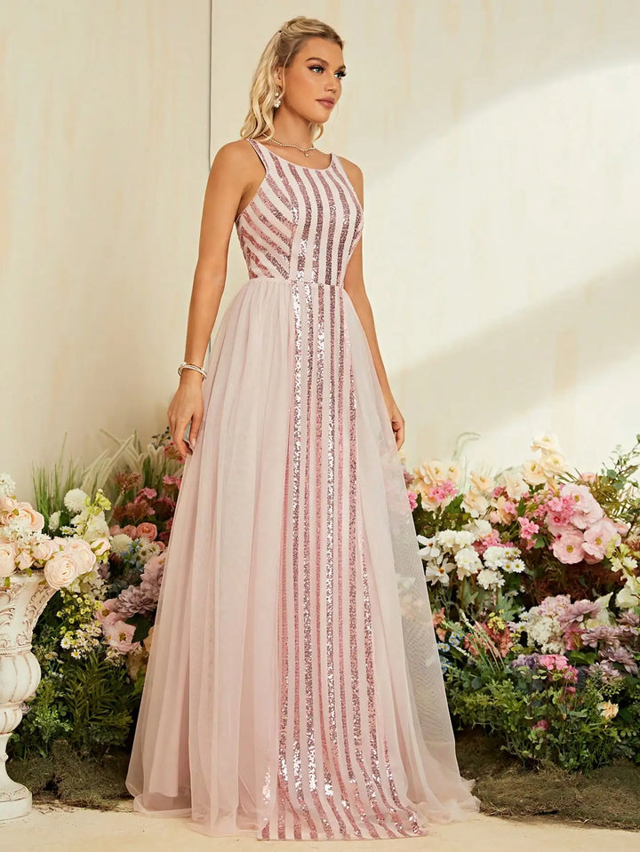 Elegant Striped Sequins Evening Dress