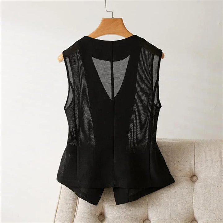 Black sleeveless short waistcoat, back view with vertical mesh panels