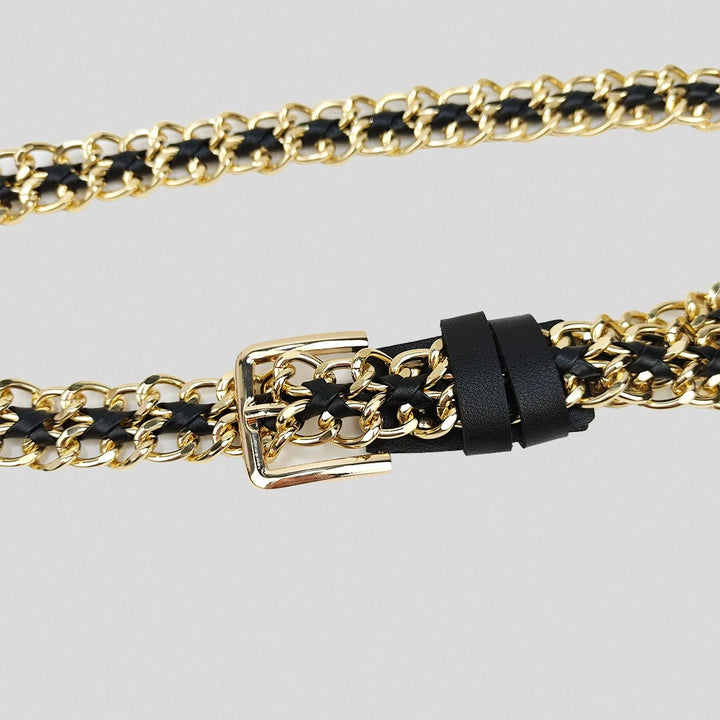 Gold chain leather belt close-up with square buckle and black strap detail