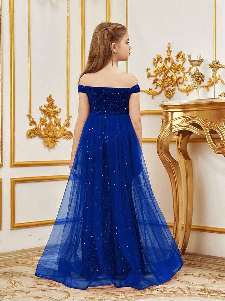 Robe de soirée sans manches en tulle pailleté pour fille