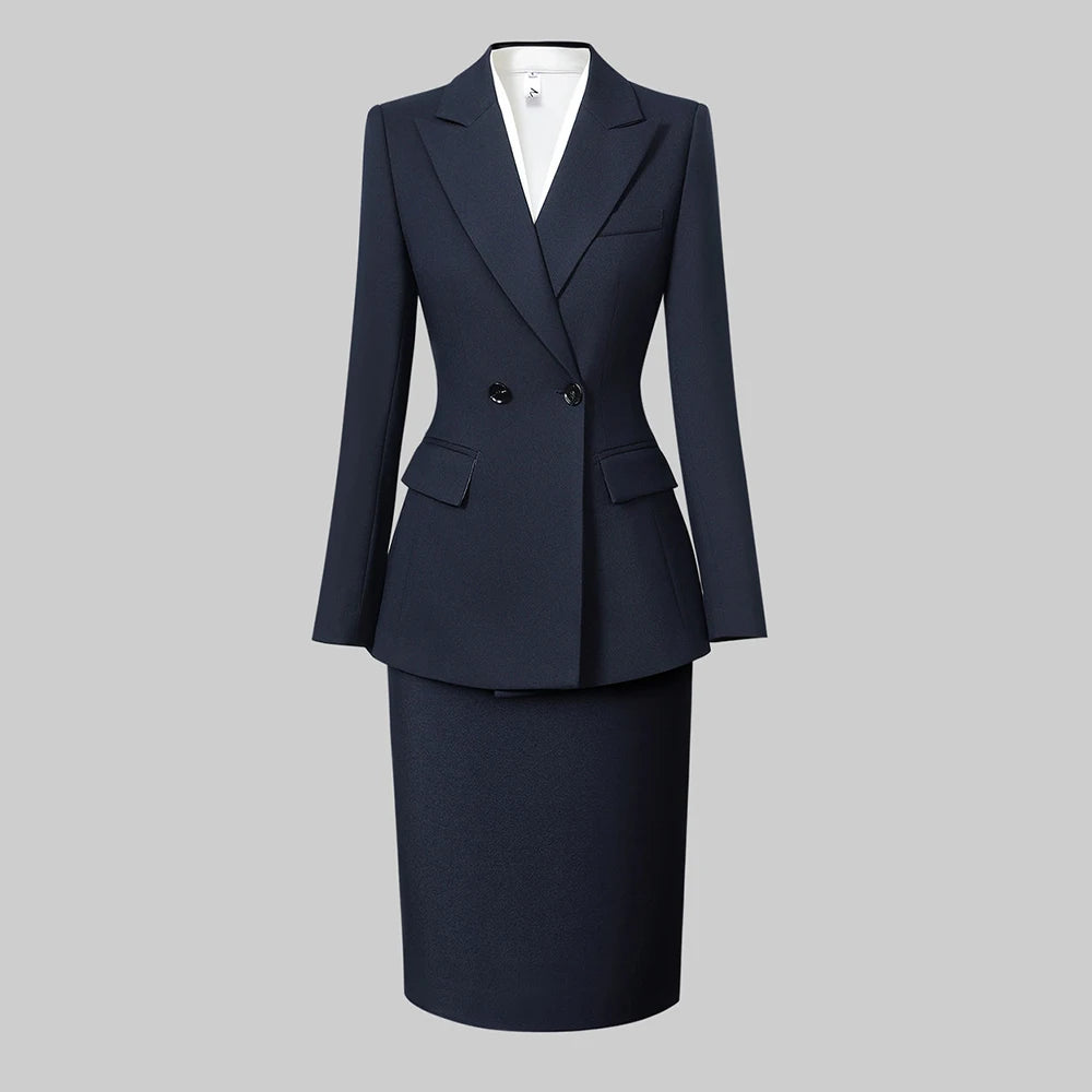 Navy women's skirt suit with V-neck blazer and knee-length pencil skirt