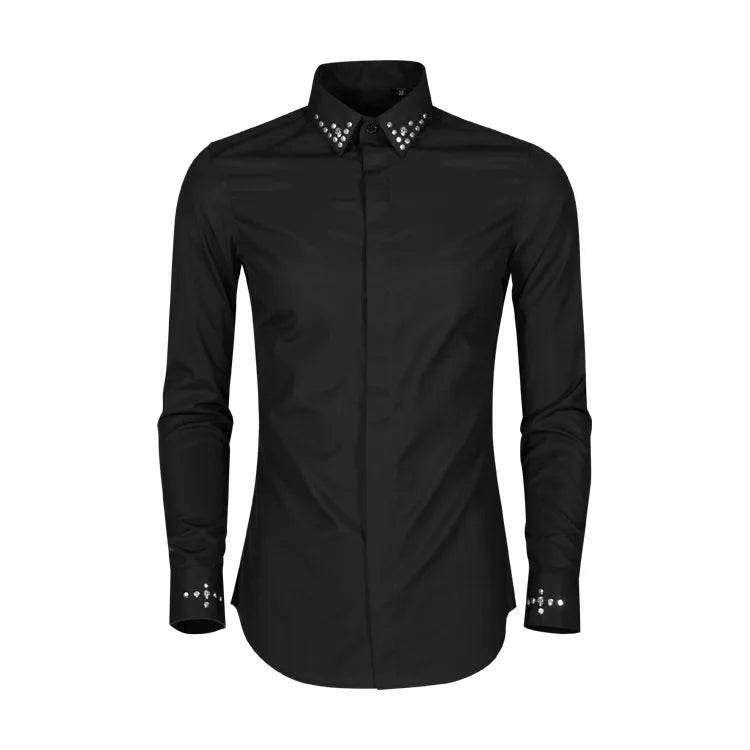 Men's slim-fit black dress shirt with rivet-studded collar and clean button-front.