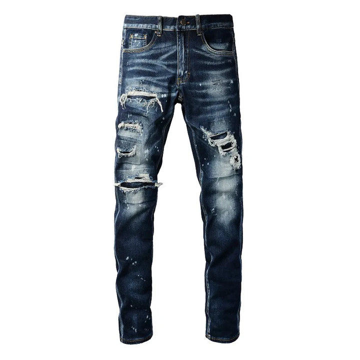 Trendy Ripped Color Splash Denim Pants