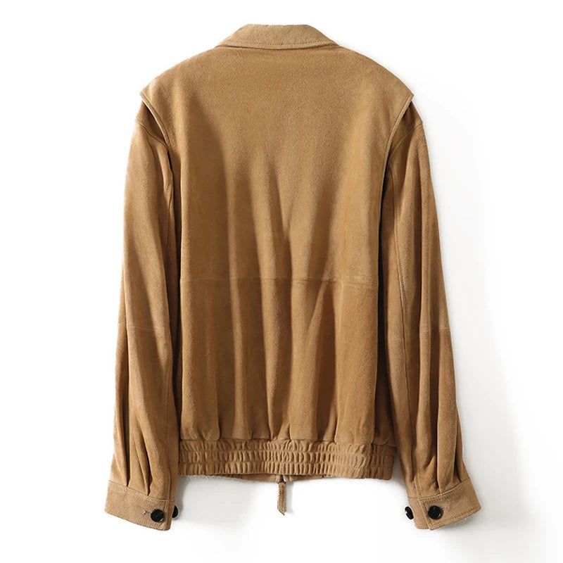 Tan suede bomber jacket for women, back view, with ribbed hem and cuffs.