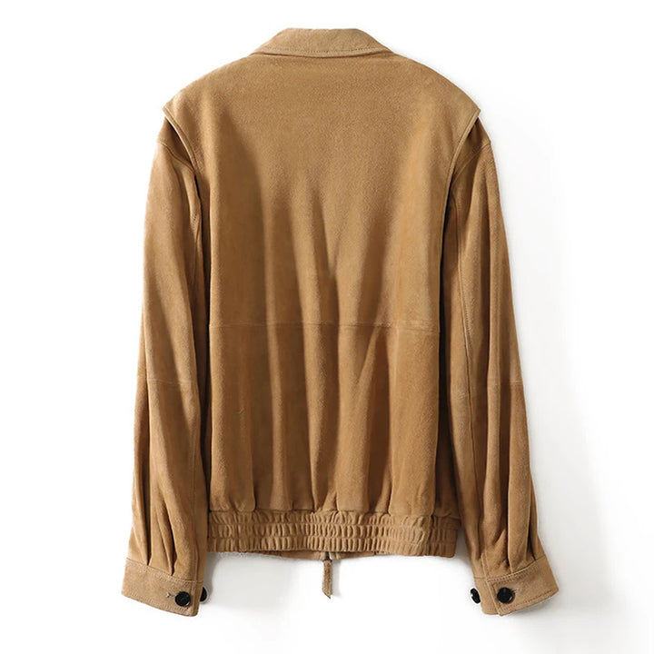 Tan suede bomber jacket for women, back view, with ribbed hem and cuffs.