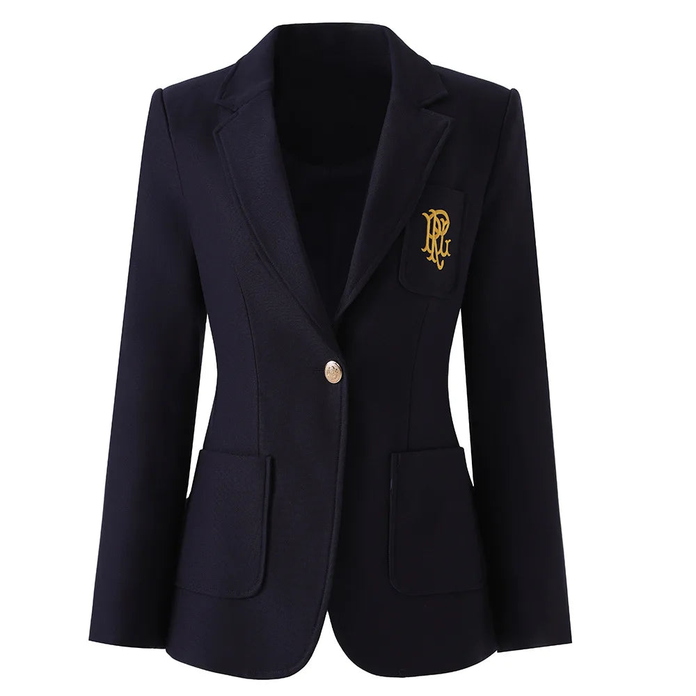 Navy women's casual blazer with embroidered chest logo and button front