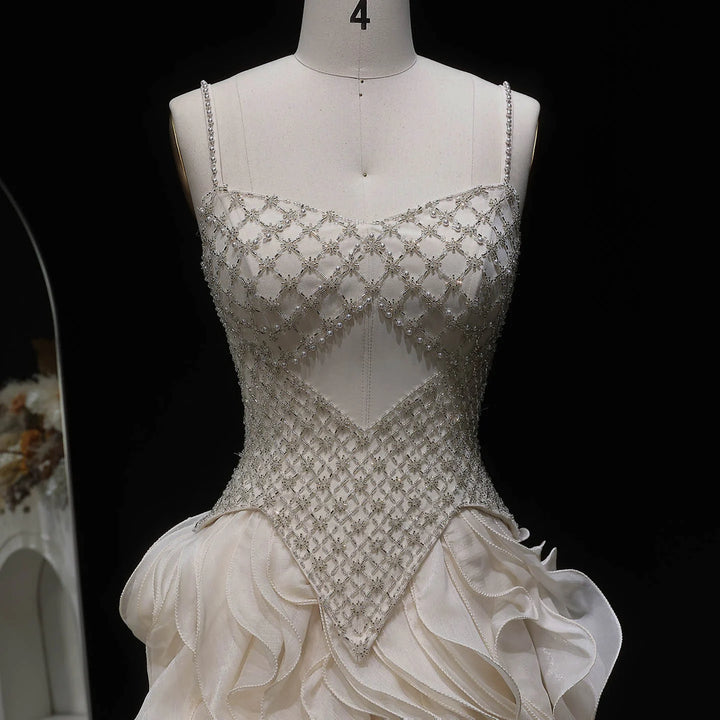 Luxury Ruffled Beaded Pearl Evening Dress