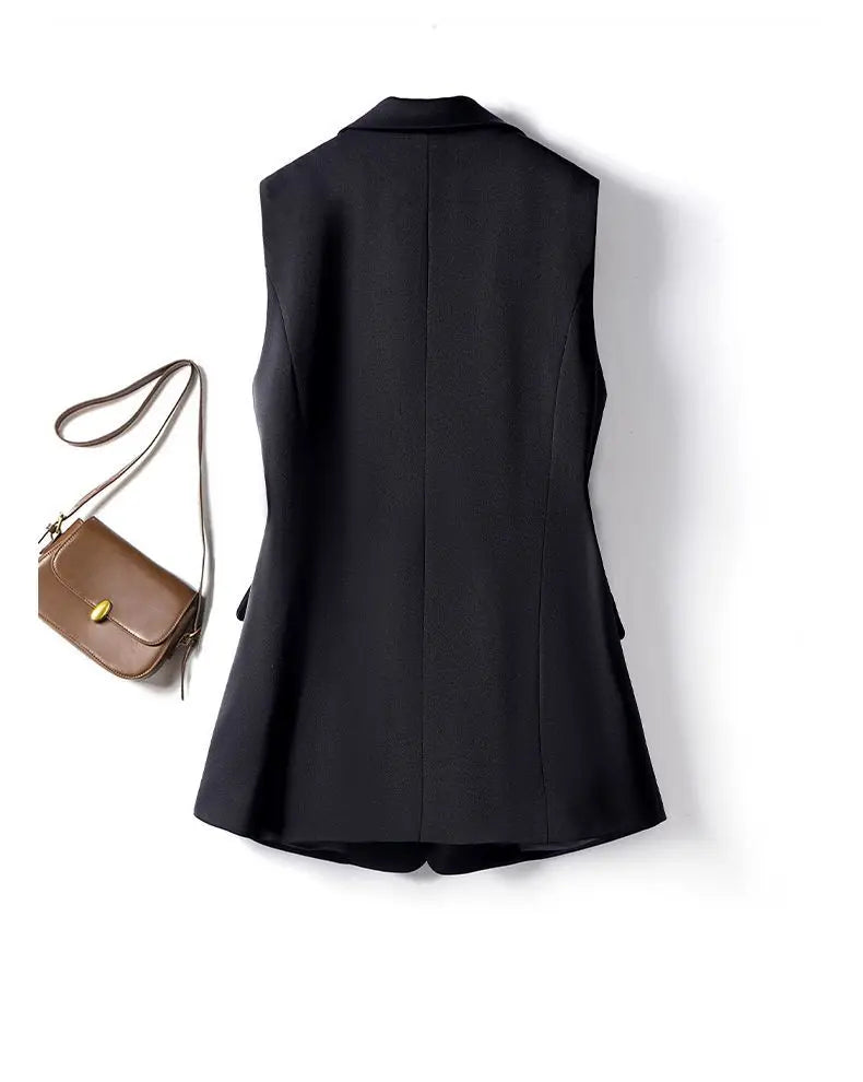 Black sleeveless suit vest, back view with clean seaming and darts