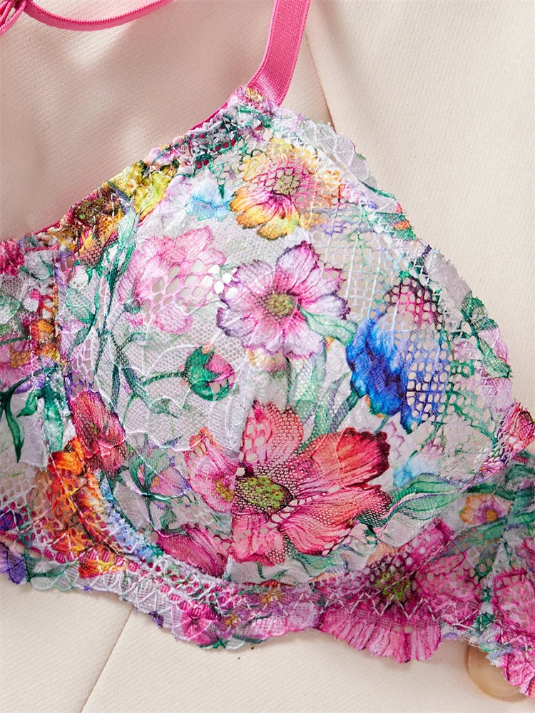 Sweet Floral Print Mesh Bra Set