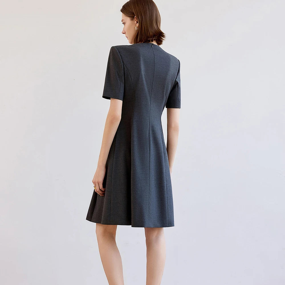 A-line office dress in dark grey, short sleeves, crew neck, back view