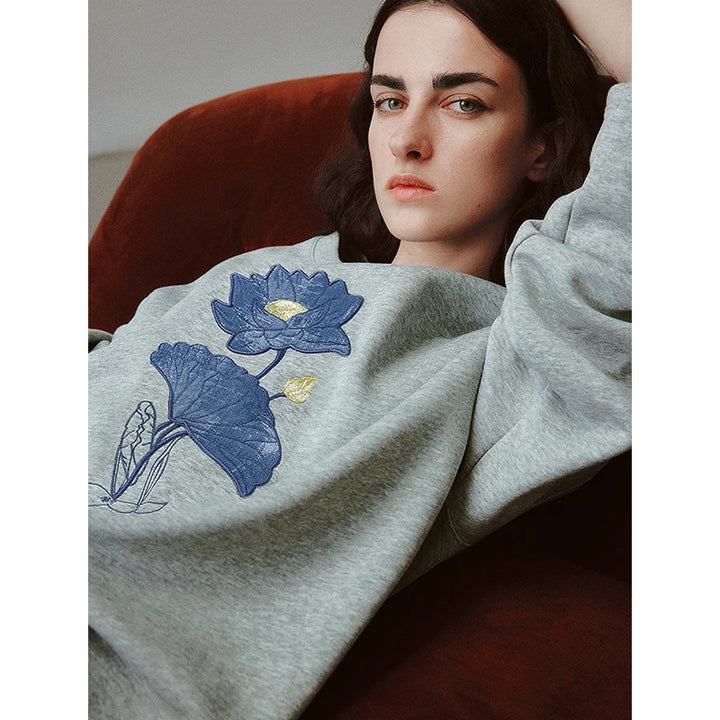 Lotus Embroidered Round Neck Sweatshirt