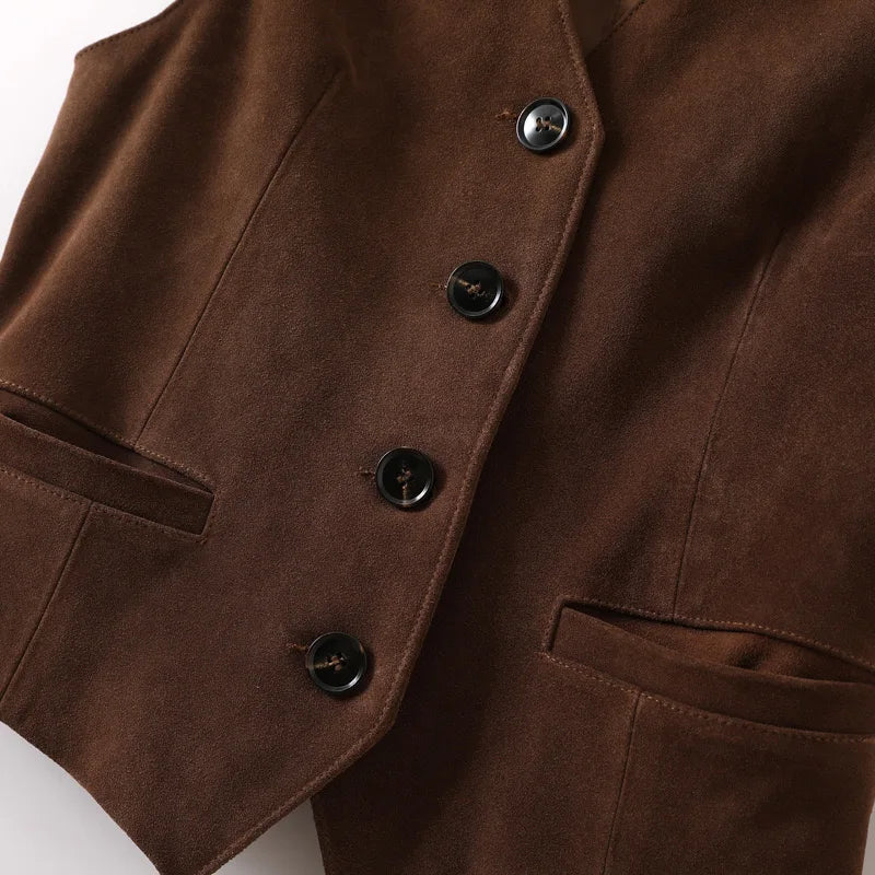 Brown suede leather vest front with four dark buttons and welt pockets