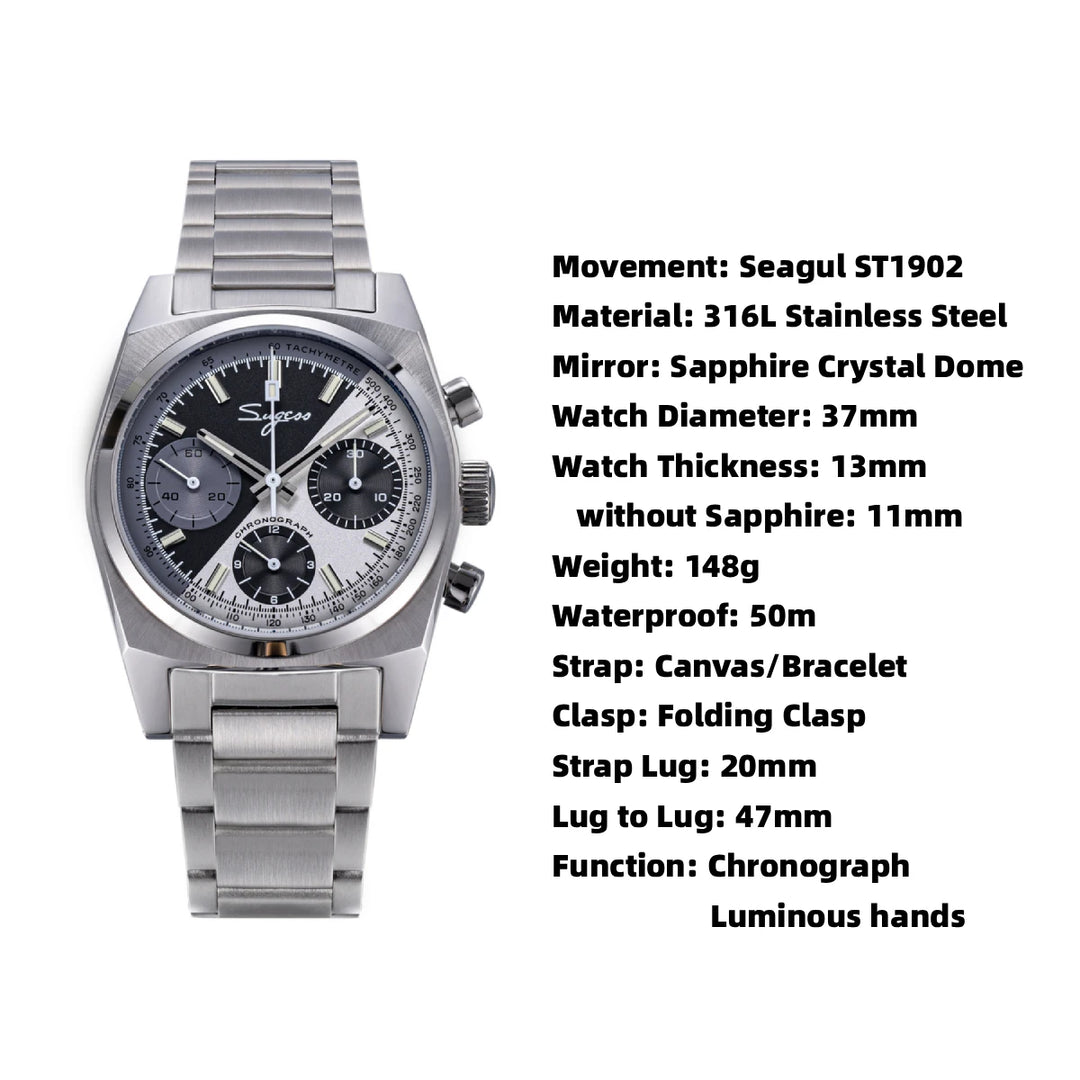 Silver stainless steel chronograph watch with dark dial and metal bracelet