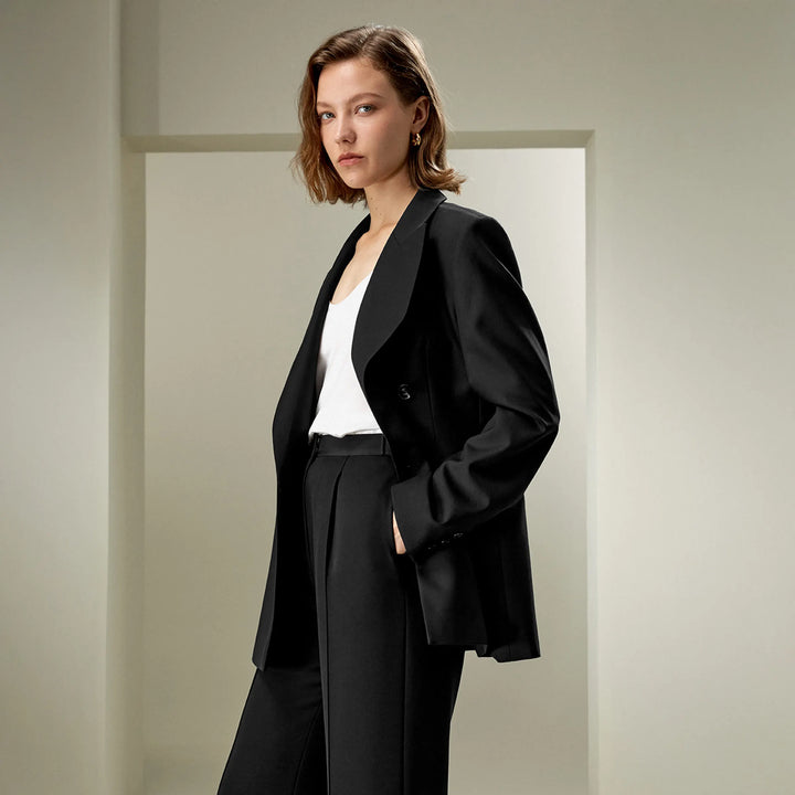 Modern Double-Breasted Wool Silk Suit Coat