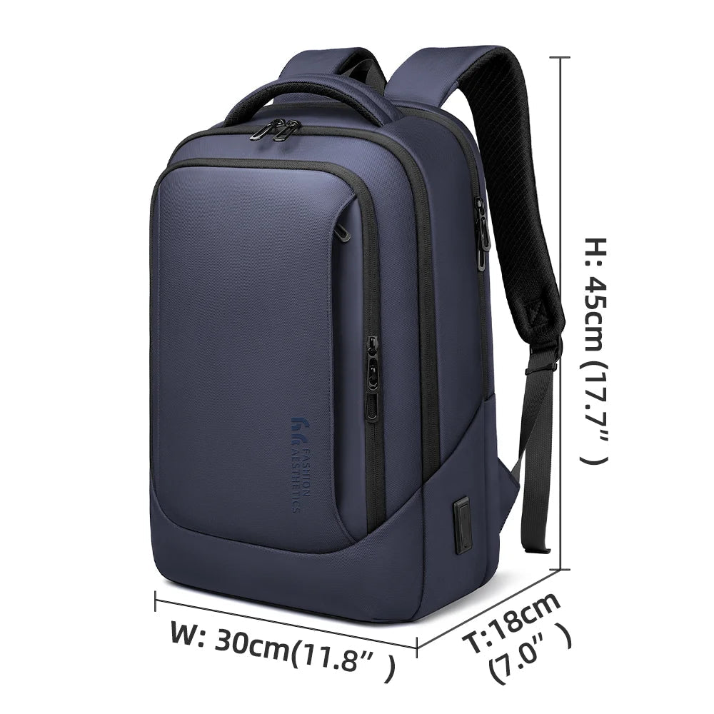 Blue waterproof business backpack with front vertical zipper and padded back panel