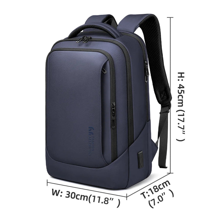 Blue waterproof business backpack with front vertical zipper and padded back panel