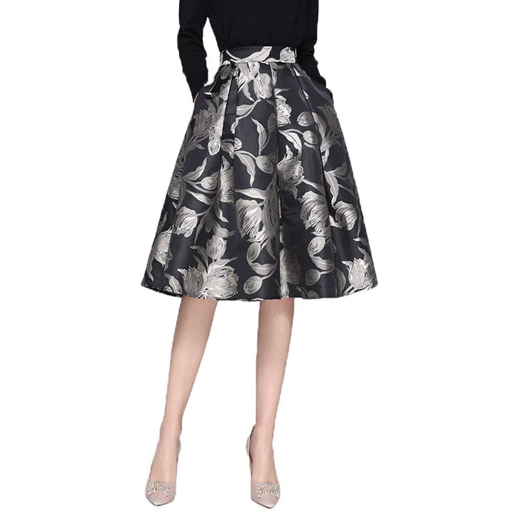 Classic Grey Floral Mid-Length Skirt