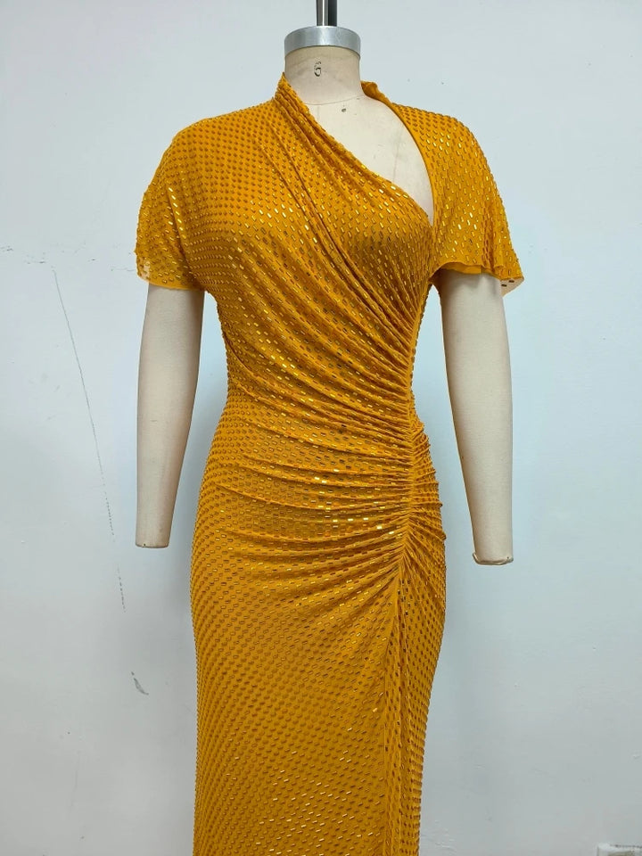 Stylish Asymmetrical Pleated Collar Gown
