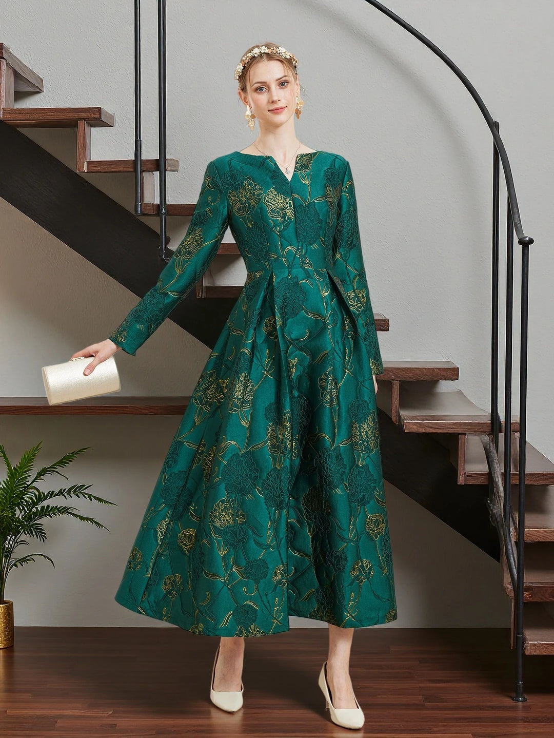 Elegant Floral Long Sleeves Evening Dress