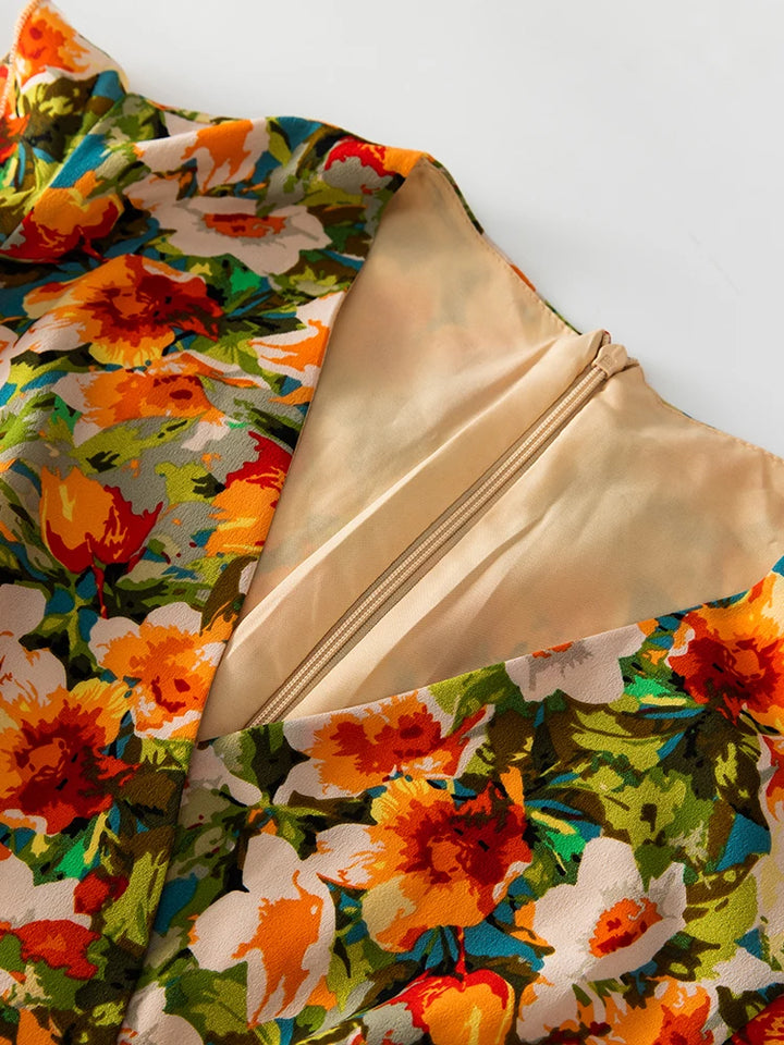 Draped Flower Print Formal Dress