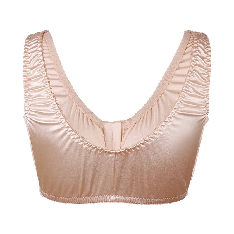 Skin-beige satin ultra-thin women’s bra, deep V neckline and ruched cups