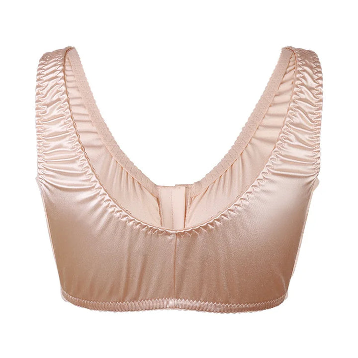Skin-beige satin ultra-thin women’s bra, deep V neckline and ruched cups