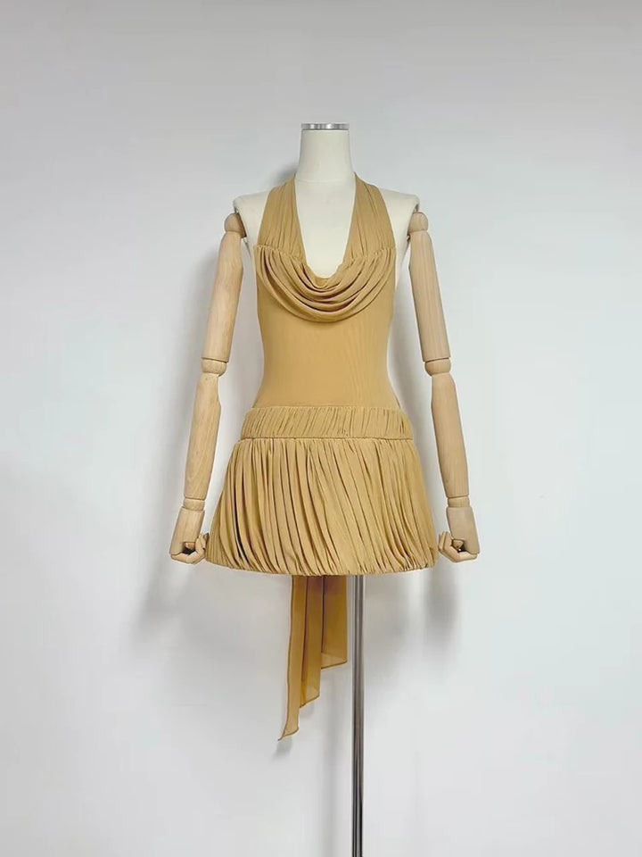 Khaki beige pleated mini dress with draped cowl neckline and sleeveless flared skirt