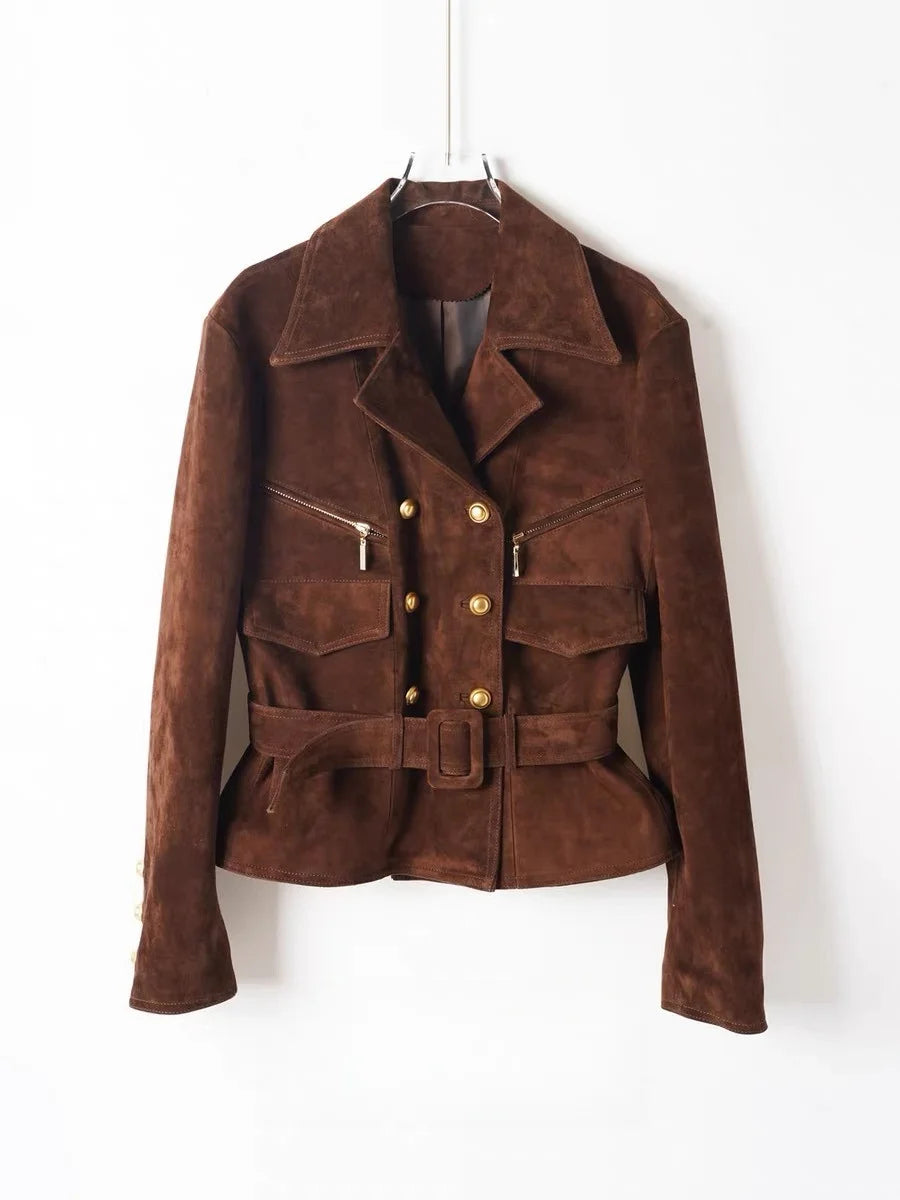 Brown suede belted women's jacket with gold buttons and four front pockets