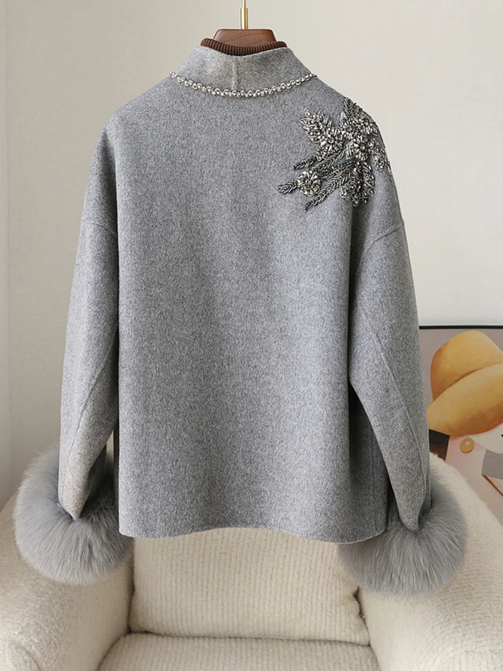 Real Natural Warm Wool Fur Cuff Coat
