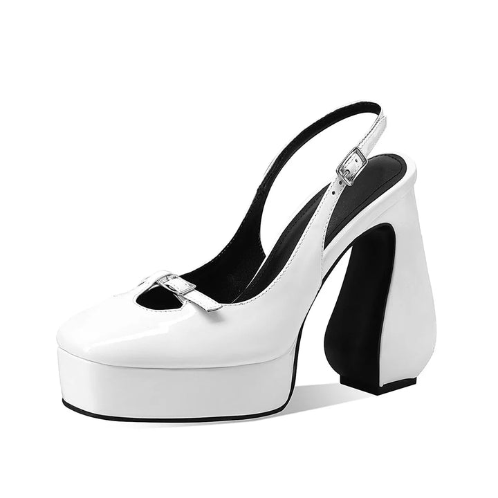 White square-toe platform heel slingback sandals with buckle strap